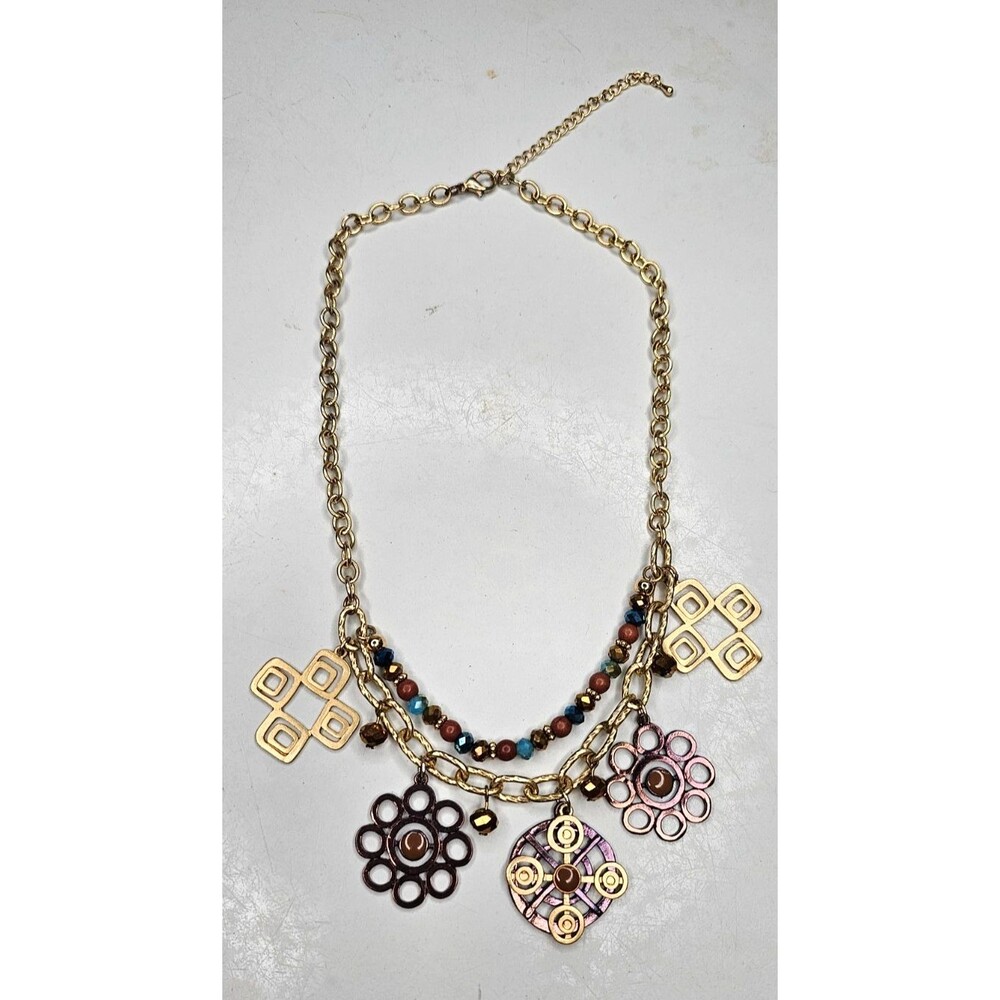 Gold Tole Layered Beaded Square Circle Eclectic Statement Necklace 19"L